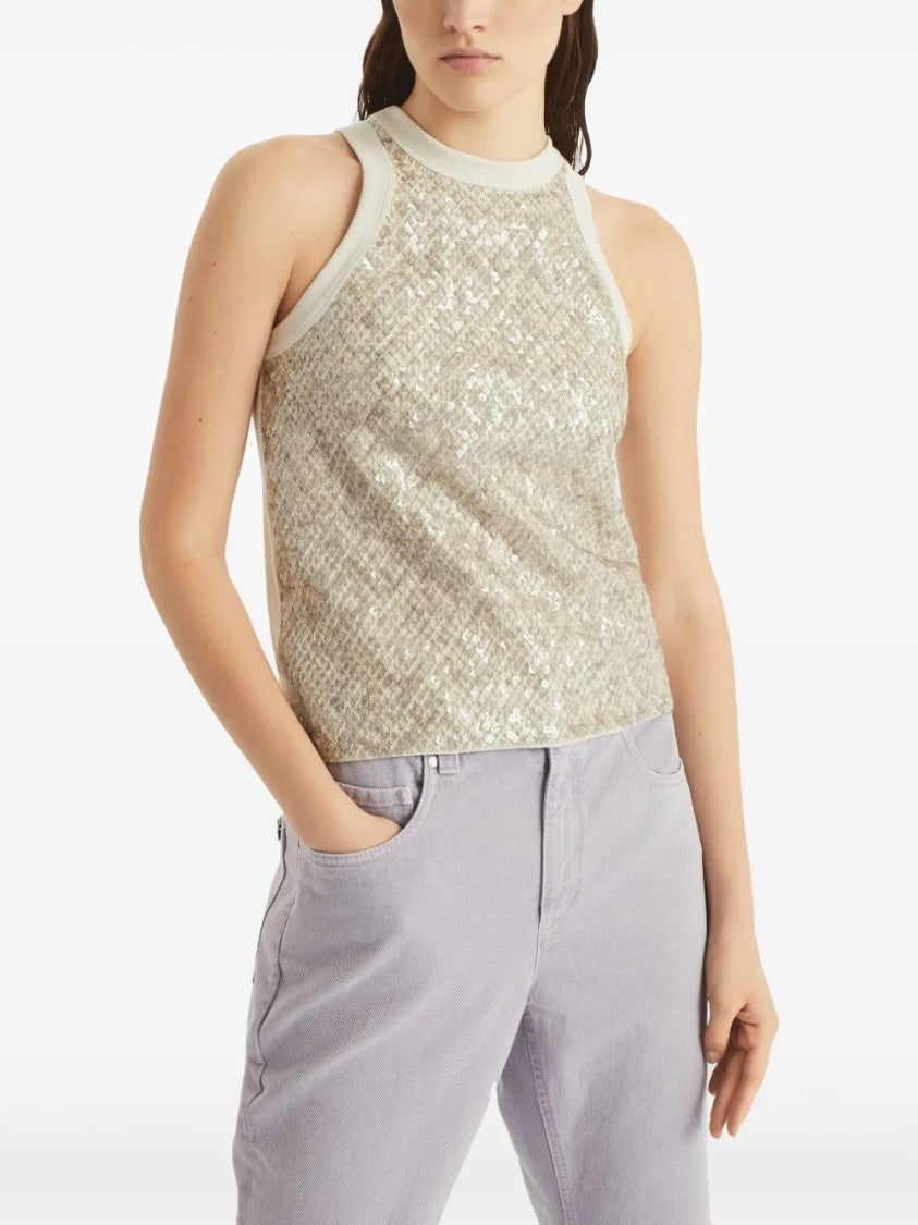 Brunello Cucinelli Sleeveless Top With Sequined Front And Soft Back