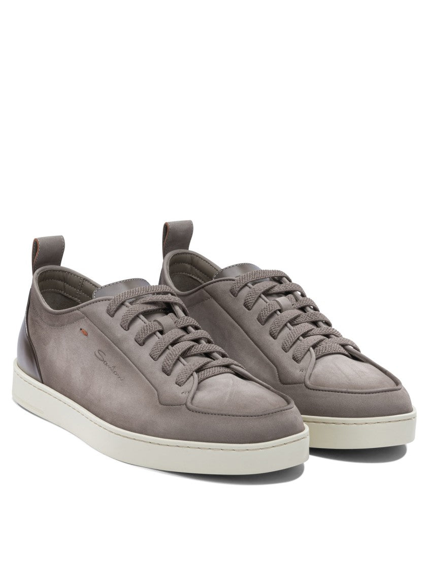 Santoni Muted Taupe Leather Slip-On Sneakers With Contrasting Sole
