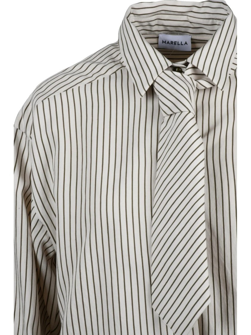Marella Cropped Beige Shirt With Vertical Green Stripes And Attached Necktie