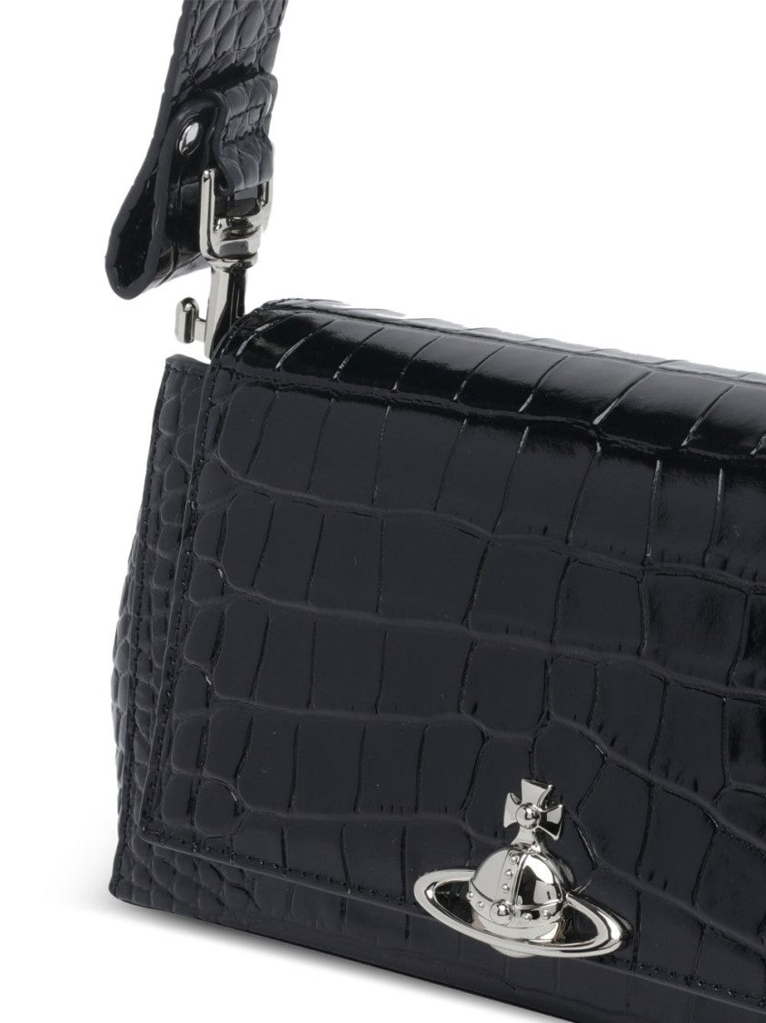Vivienne Westwood Glossy Black Crocodile-Embossed Handbag With Silver Emblem