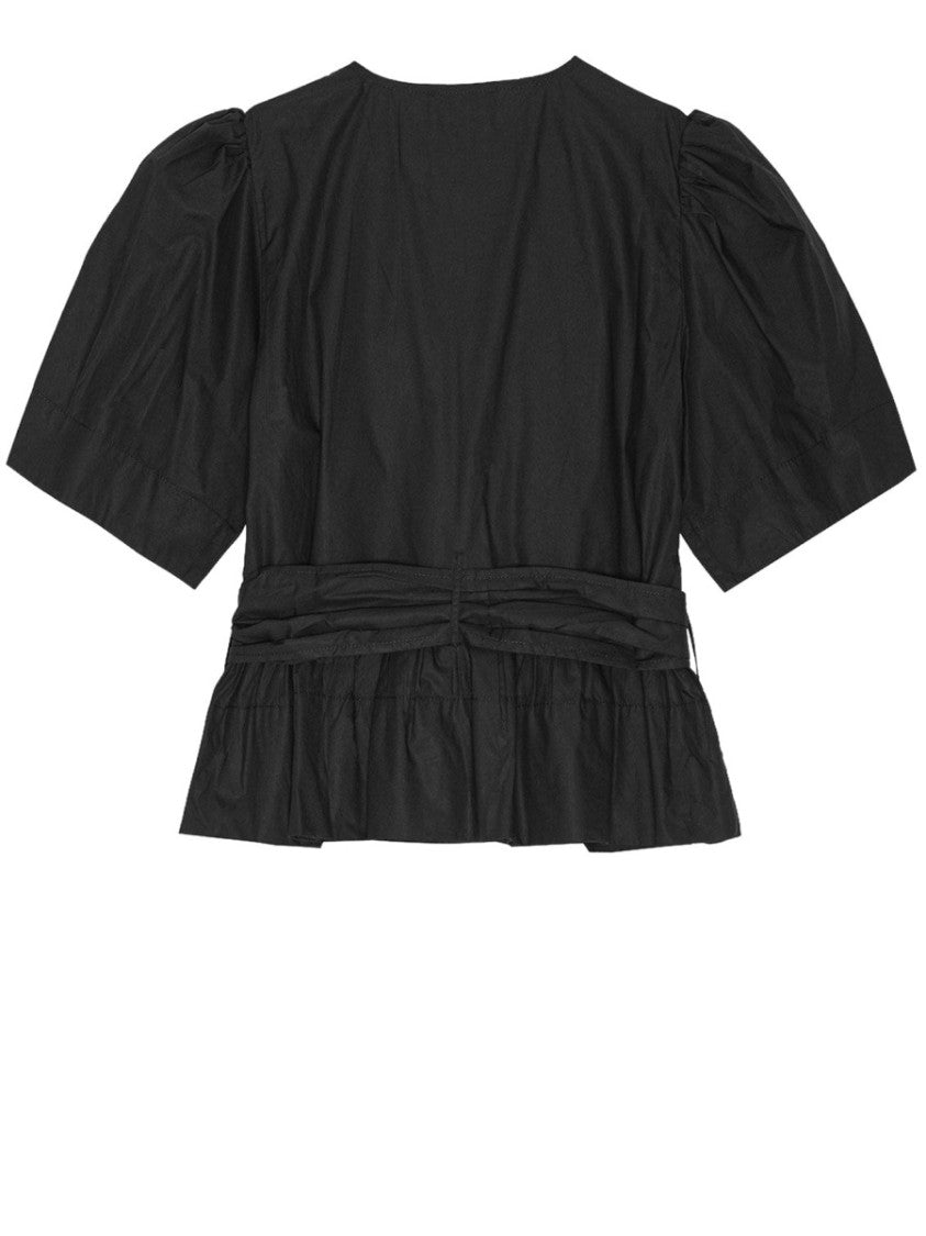 Ganni Neutrals Puffed Sleeves Ribbon Tie Top
