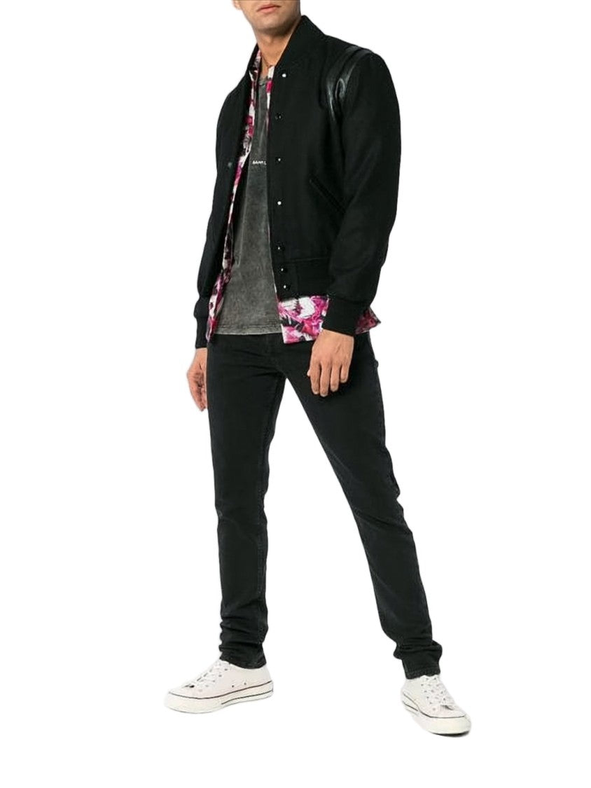 Saint Laurent Classic Bomber Jacket With Leather Shoulder Accents