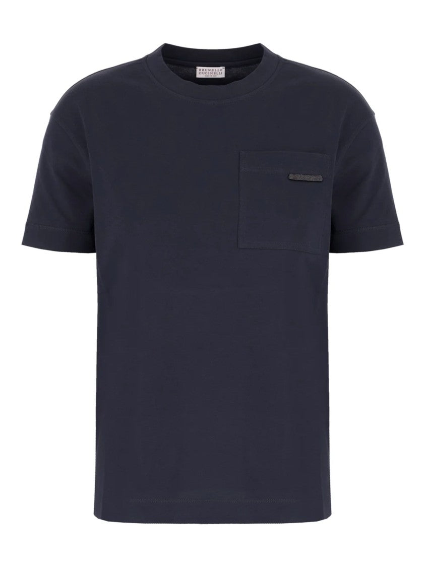 Brunello Cucinelli Blue Decorated Chest Pocket Cotton T-Shirt