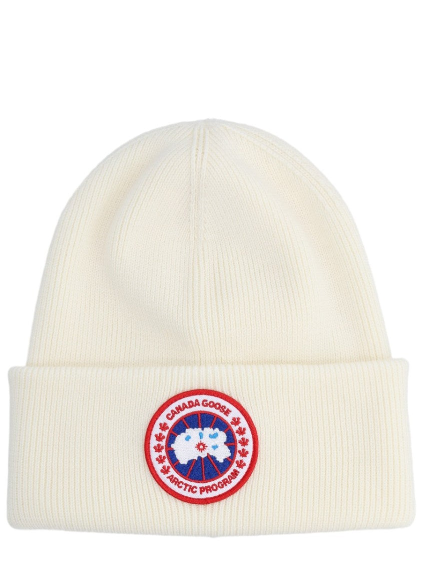 Canada Goose White Ribbed Knit Emblematic Cuff Beanie