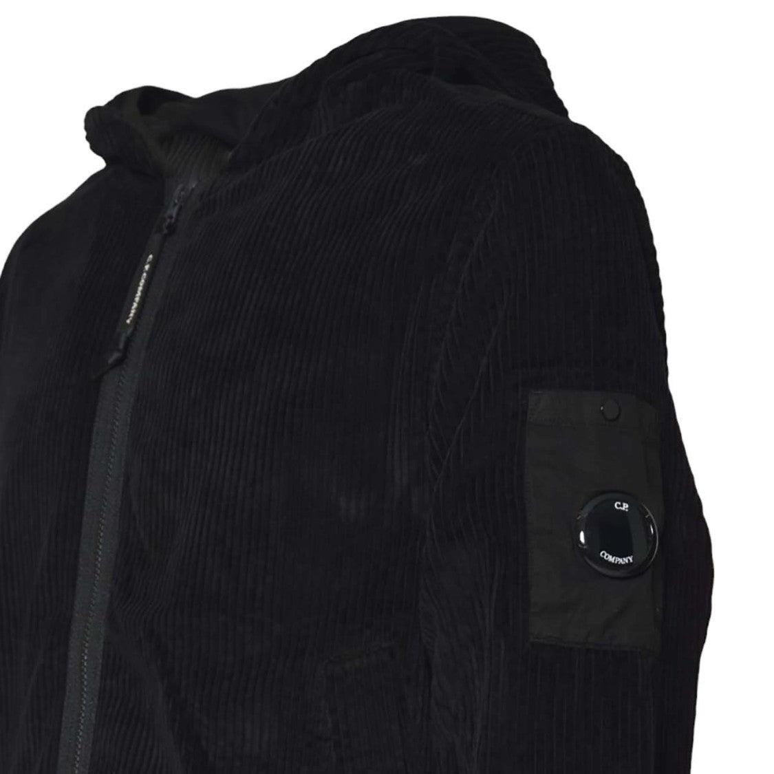 C.P. Company Black Corduroy Zip-Up Hoodie With Ribbed Texture And Distinctive Patch