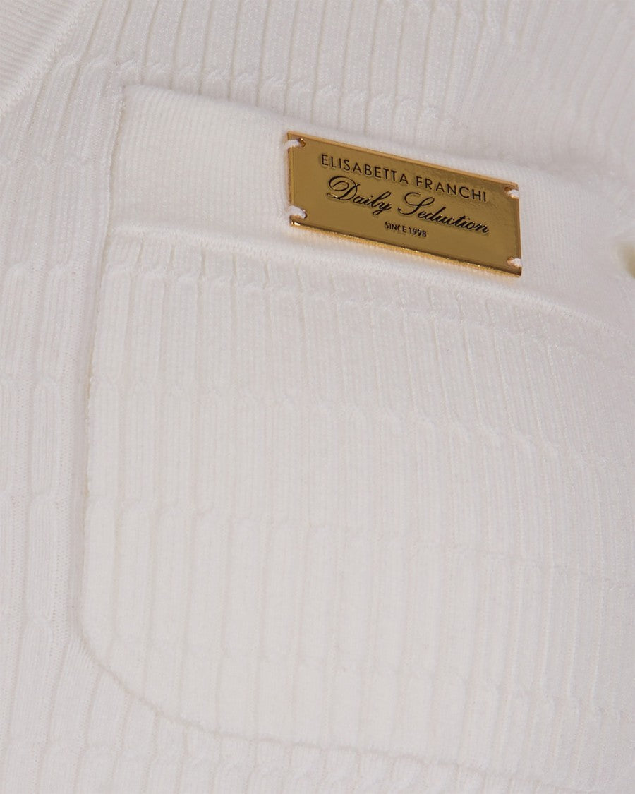 Elisabetta Franchi Ivory Ribbed Sweater With Pocket