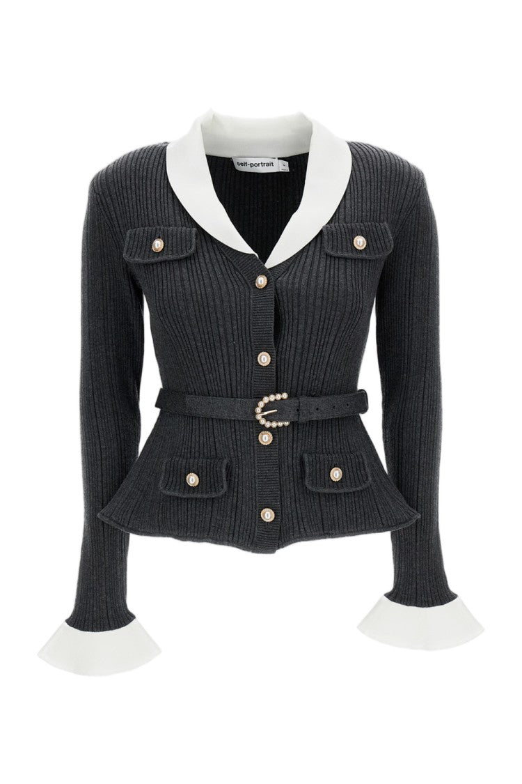 Self-Portrait Grey/White Ribbed Knit Belted Cardigan
