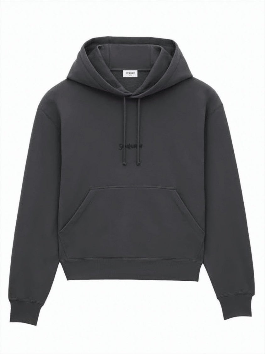 Saint Laurent Cropped Grey Hoodie With Drawstring And Tonal Embroidery
