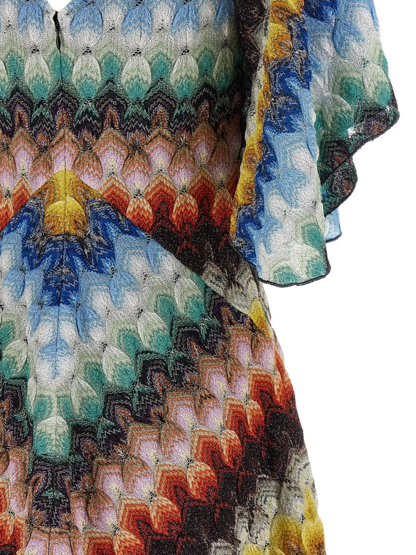 Missoni Vibrant Zigzag Pattern Mini Dress With V-Neck And Handkerchief Sleeves