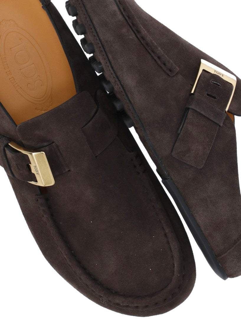Tod's Brown Strap Buckle Suede Loafers