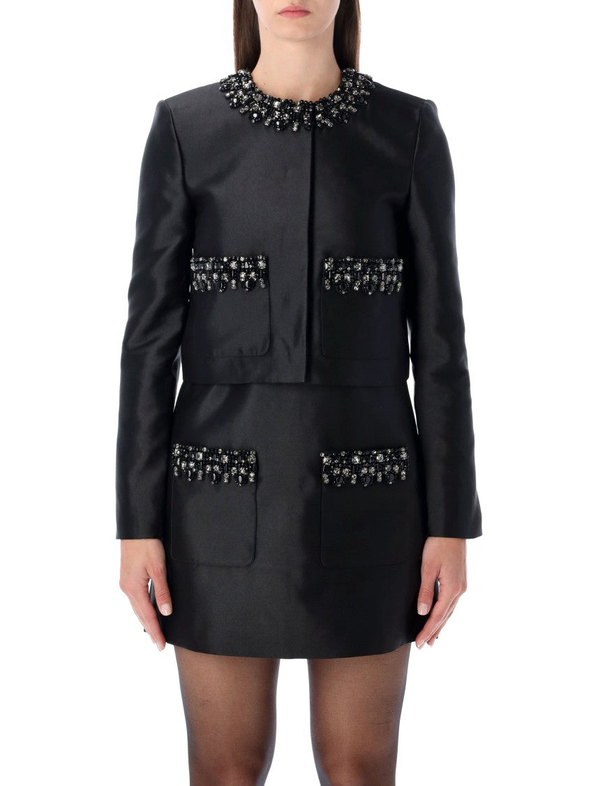 Self-Portrait Black Taffeta Embellished Trim Jacket