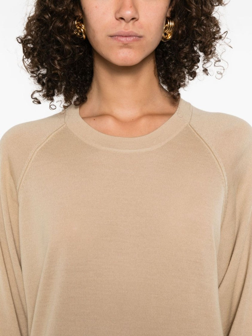 Pinko Relaxed Fit Beige Wool Crew Neck Sweater