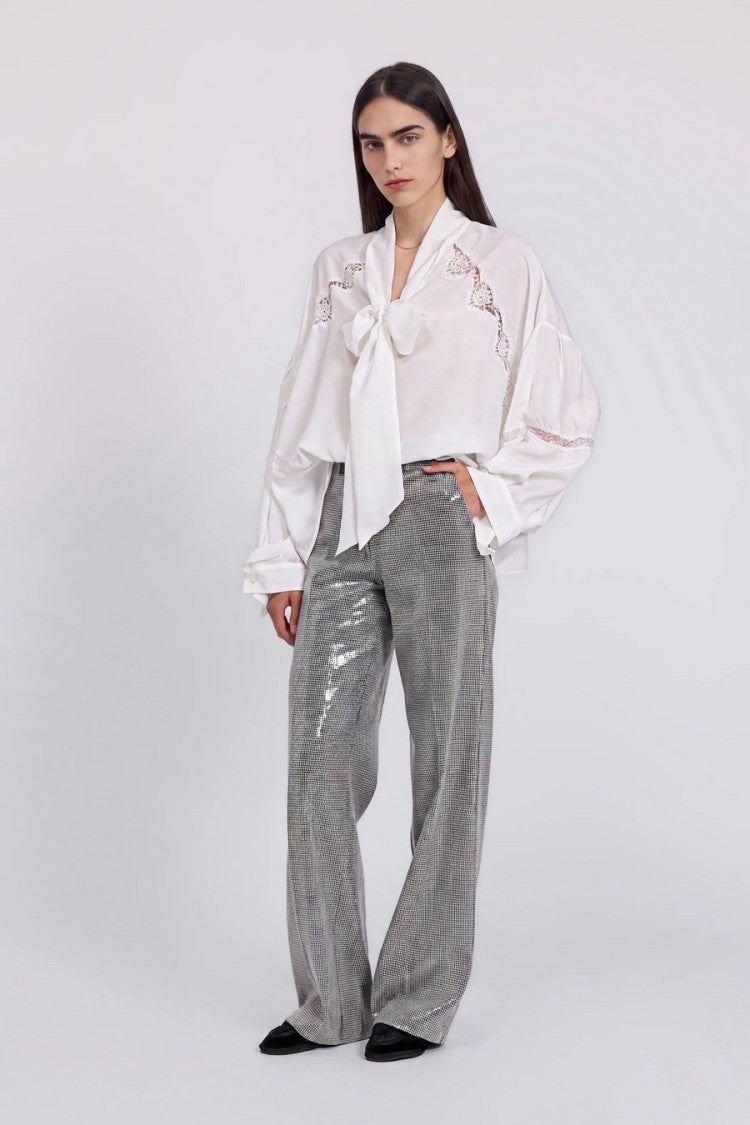 Ermanno White Neck Tie Lace Insert Acetate-Blend Blouse