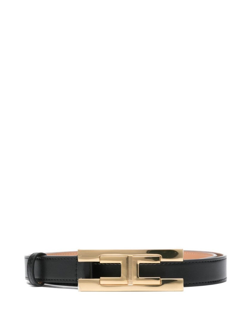 Elisabetta Franchi Slim Black Belt With Gold-Tone 'H' Buckle
