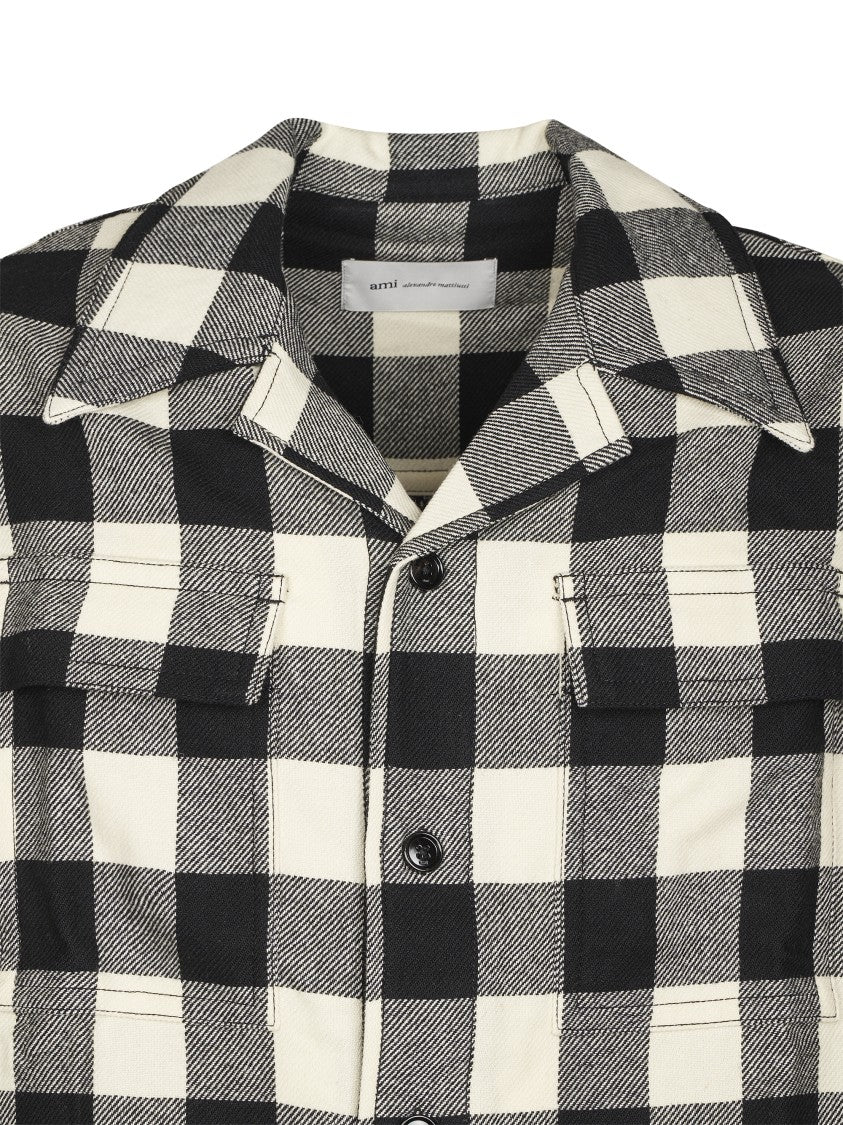 Ami Paris Checkered Overshirt With Wide Camp Collar And Patch Pockets