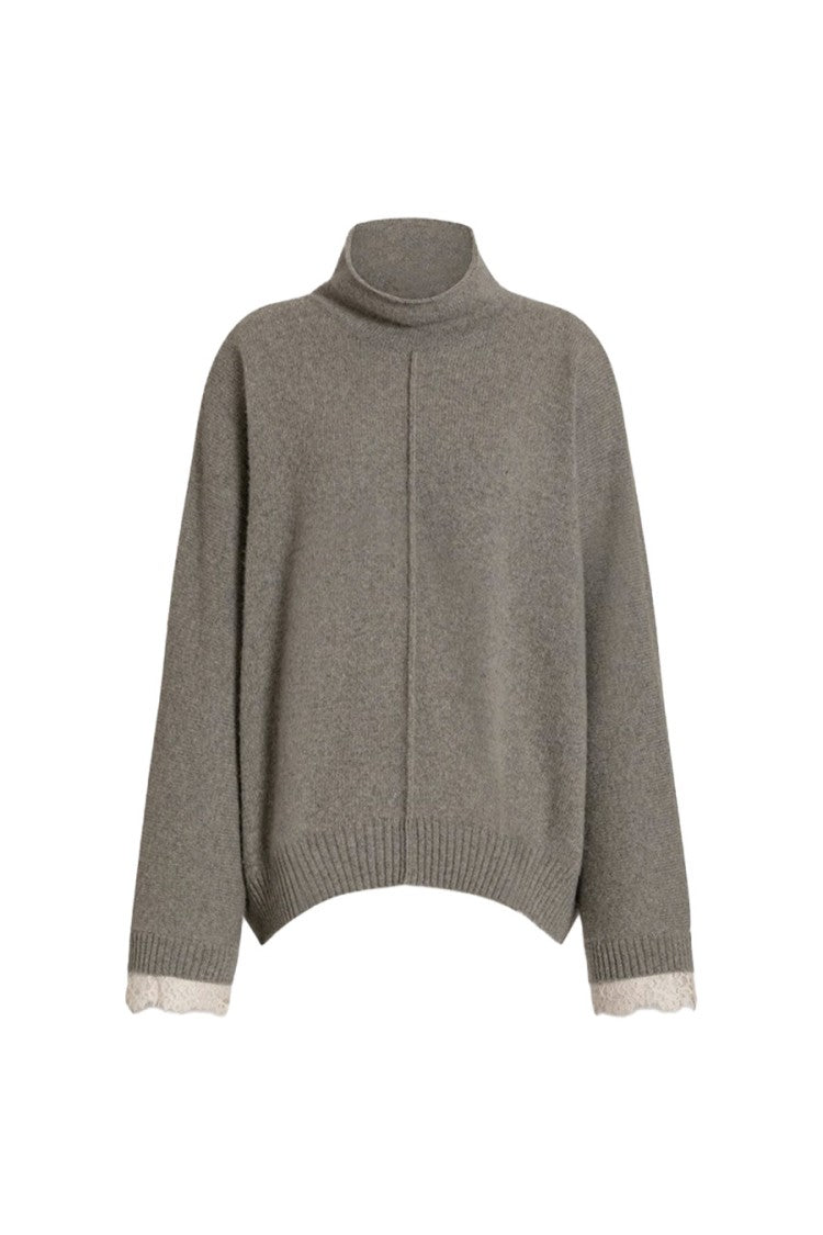 Alberta Ferretti Grey Lace-Trimmed Cuffs Cashmere-Blend Turtleneck Sweater