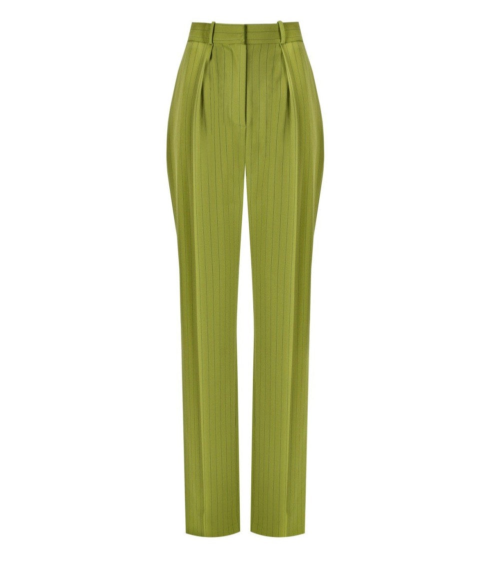 Elisabetta Franchi Olive Green Cool Wool Trousers With Pinstripe Detailing