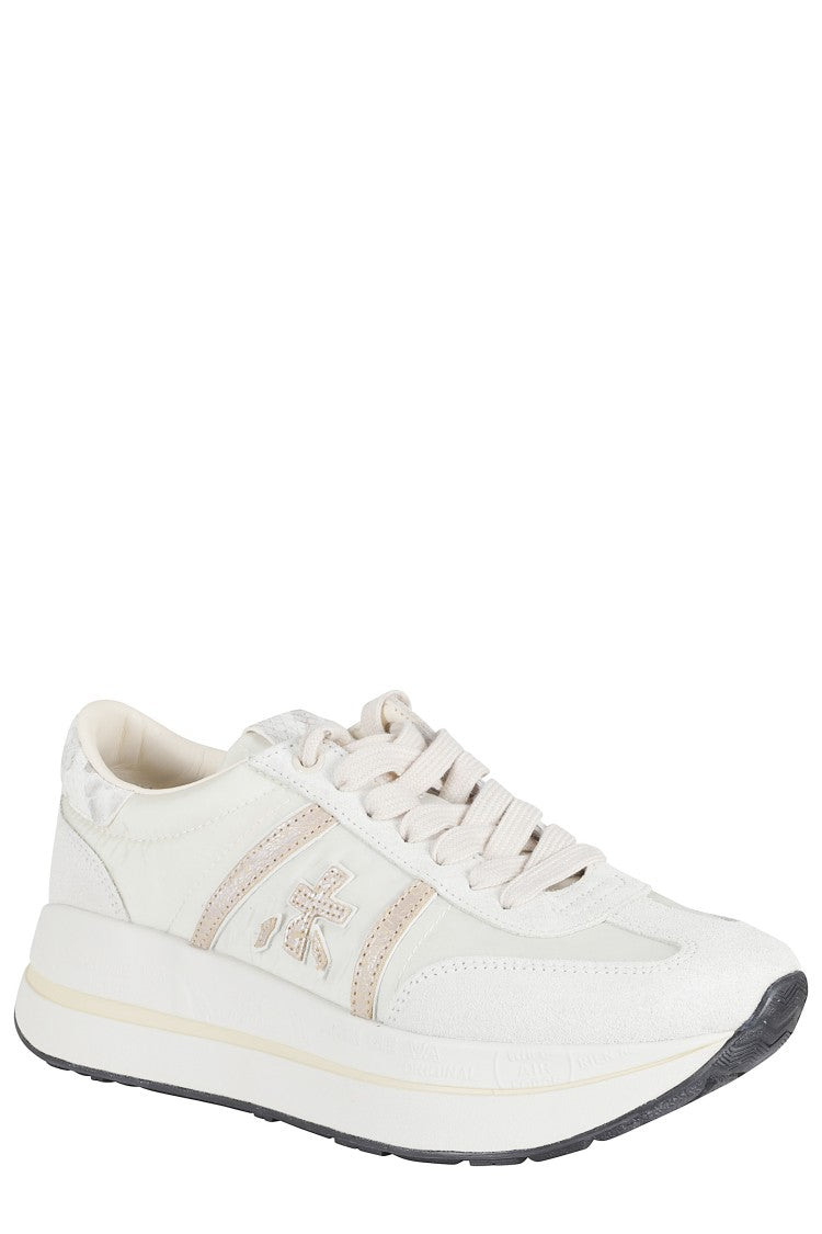 Premiata White Bethcoin 8145 Pink-Logo Leather Sneakers