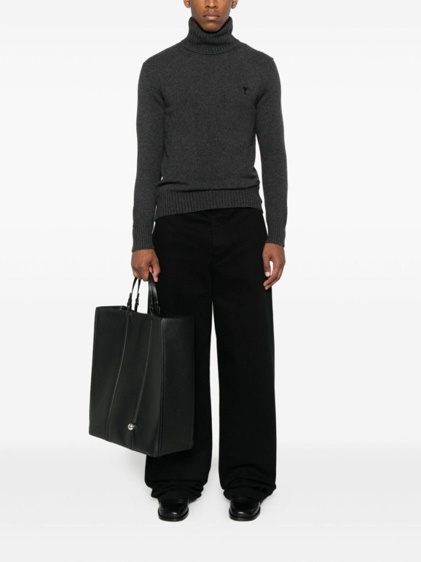 Ami Paris Anthracite Grey Turtleneck Ribbed Knit Sweater