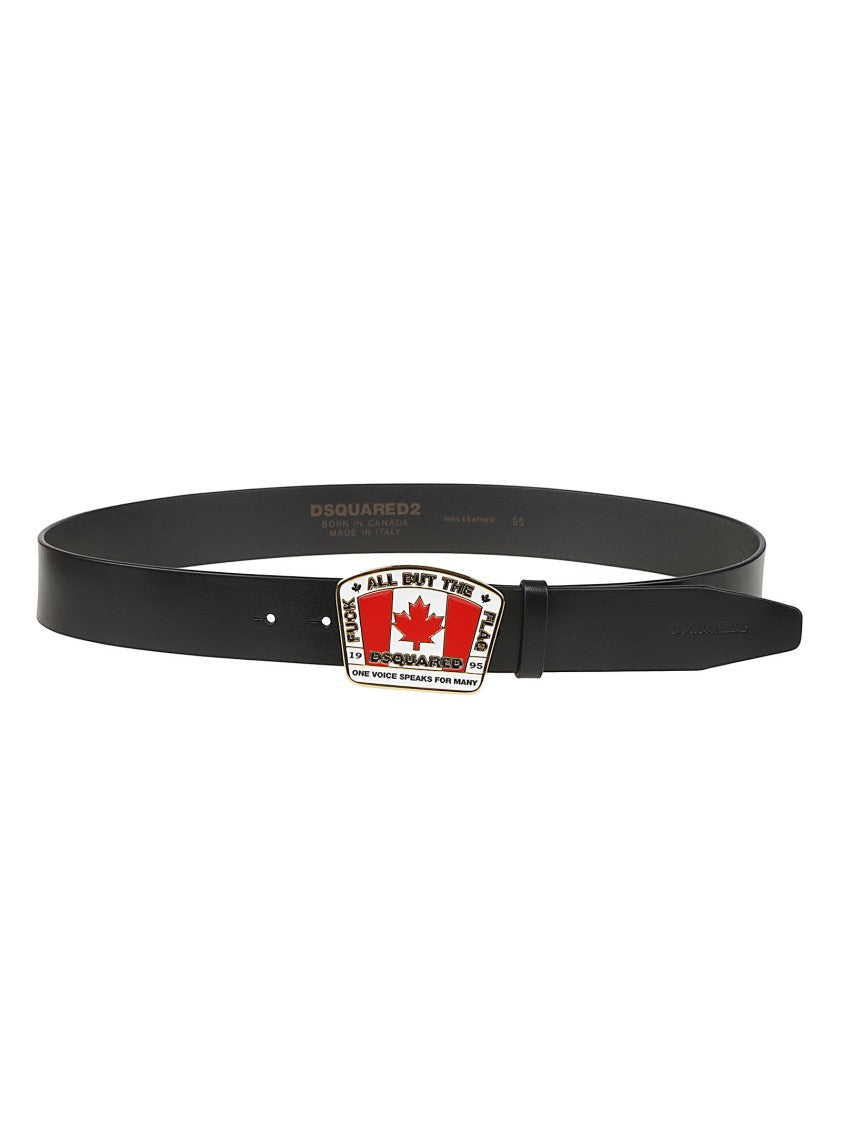 Dsquared2 Canadian Flag Plaque Rectangular Buckle Calf Leather Belt