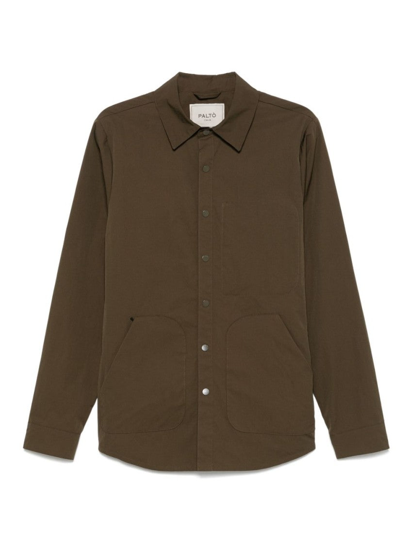 Paltò Front Press-Stud Fastening Olive Green Overshirt With Pockets