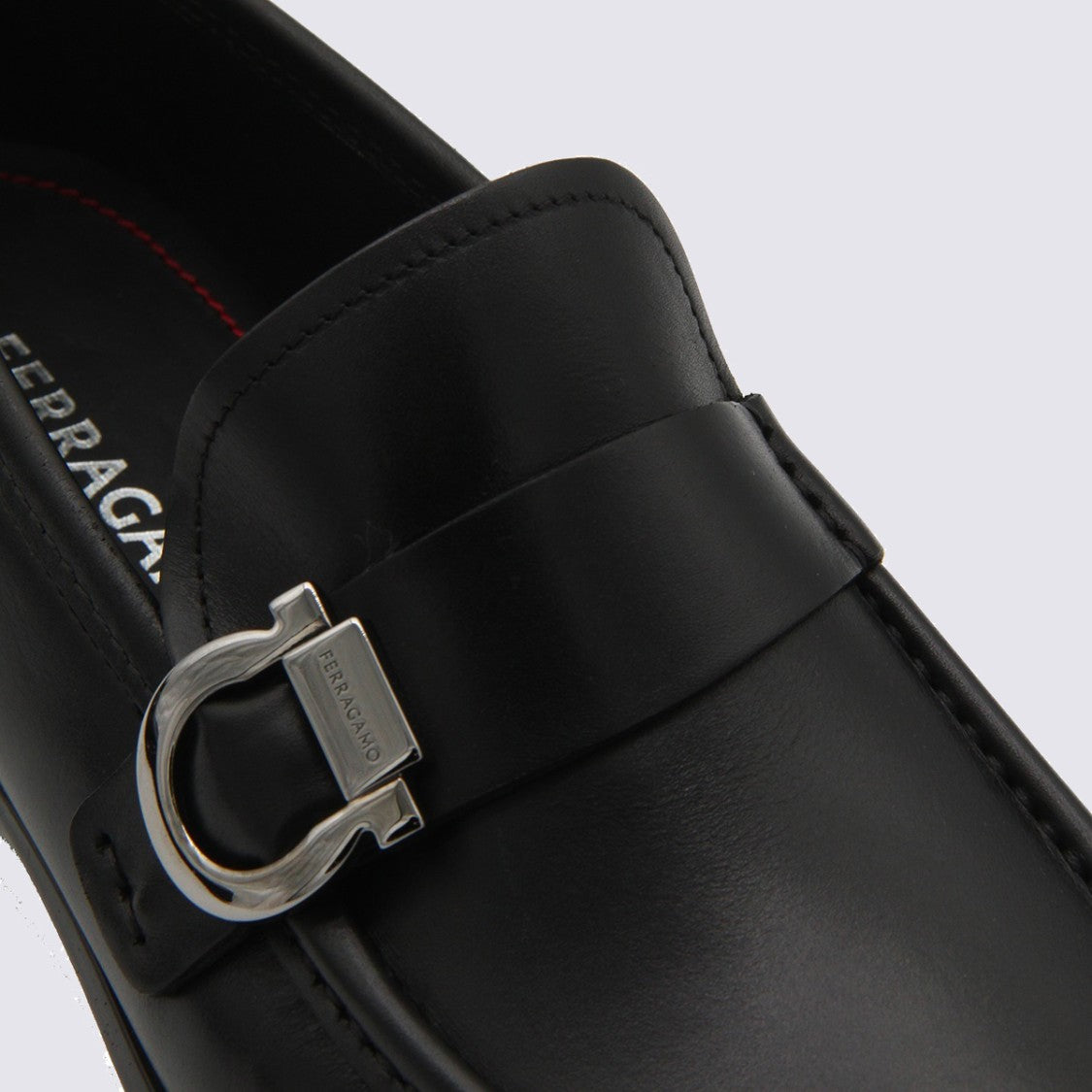 Ferragamo Refined Black Leather Loafers With Silver Buckle Detail