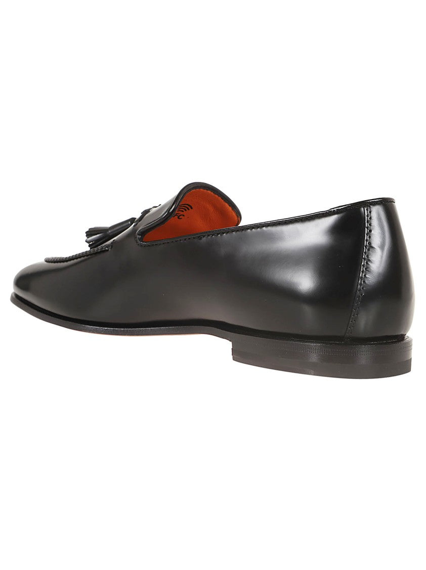 Santoni Classic Black Leather Loafers With Tassel Detail