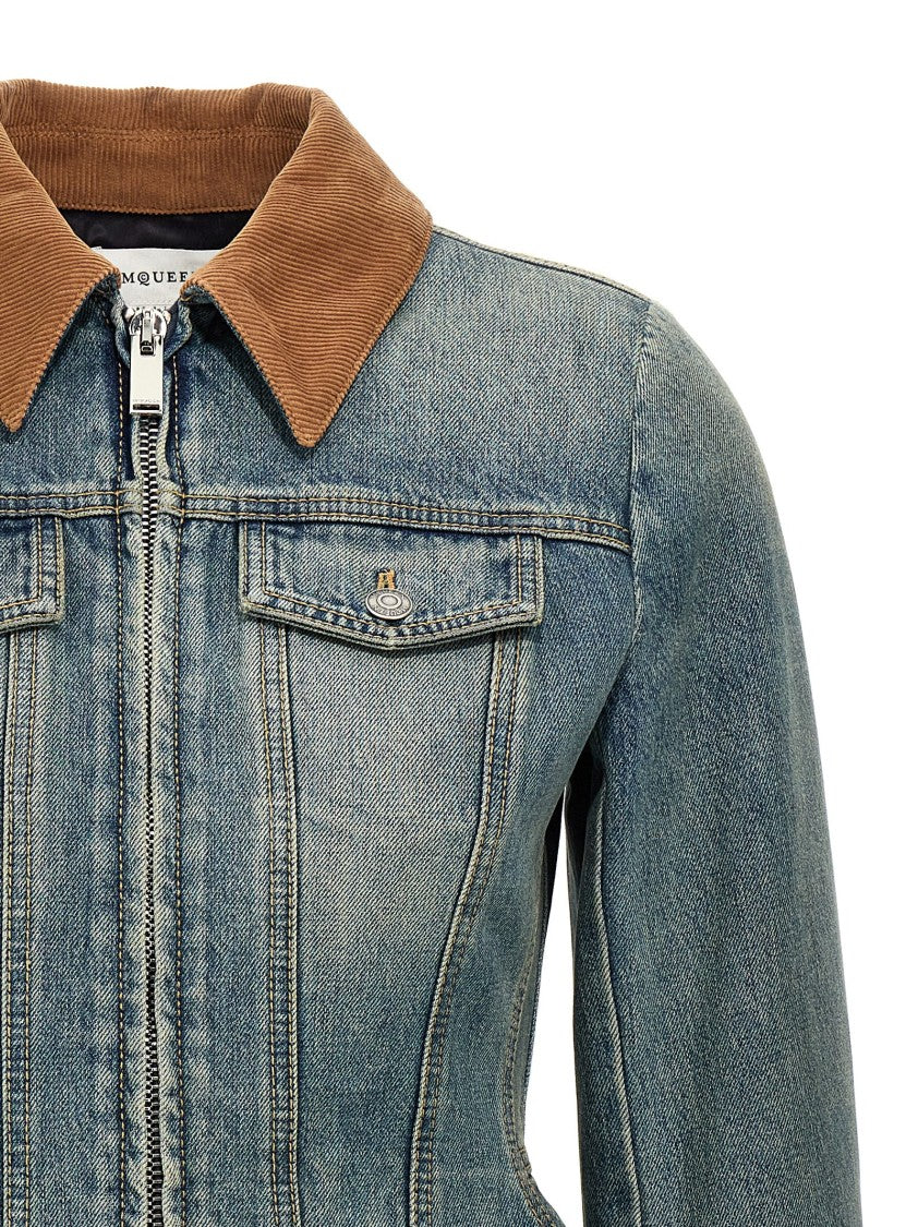 Mcqueen Fitted Delavé Denim Jacket With Flared Bottom
