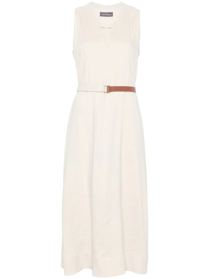 Lorena Antoniazzi Beige Linen-Blend Midi Dress With Fitted Waist And Subtle V-Neckline