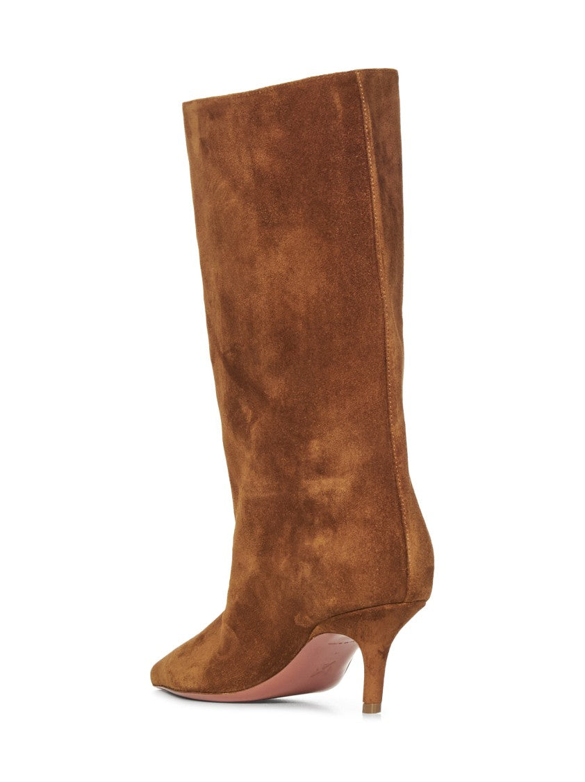 Amina Muaddi Brown Leather  Boots With Slanted Heel