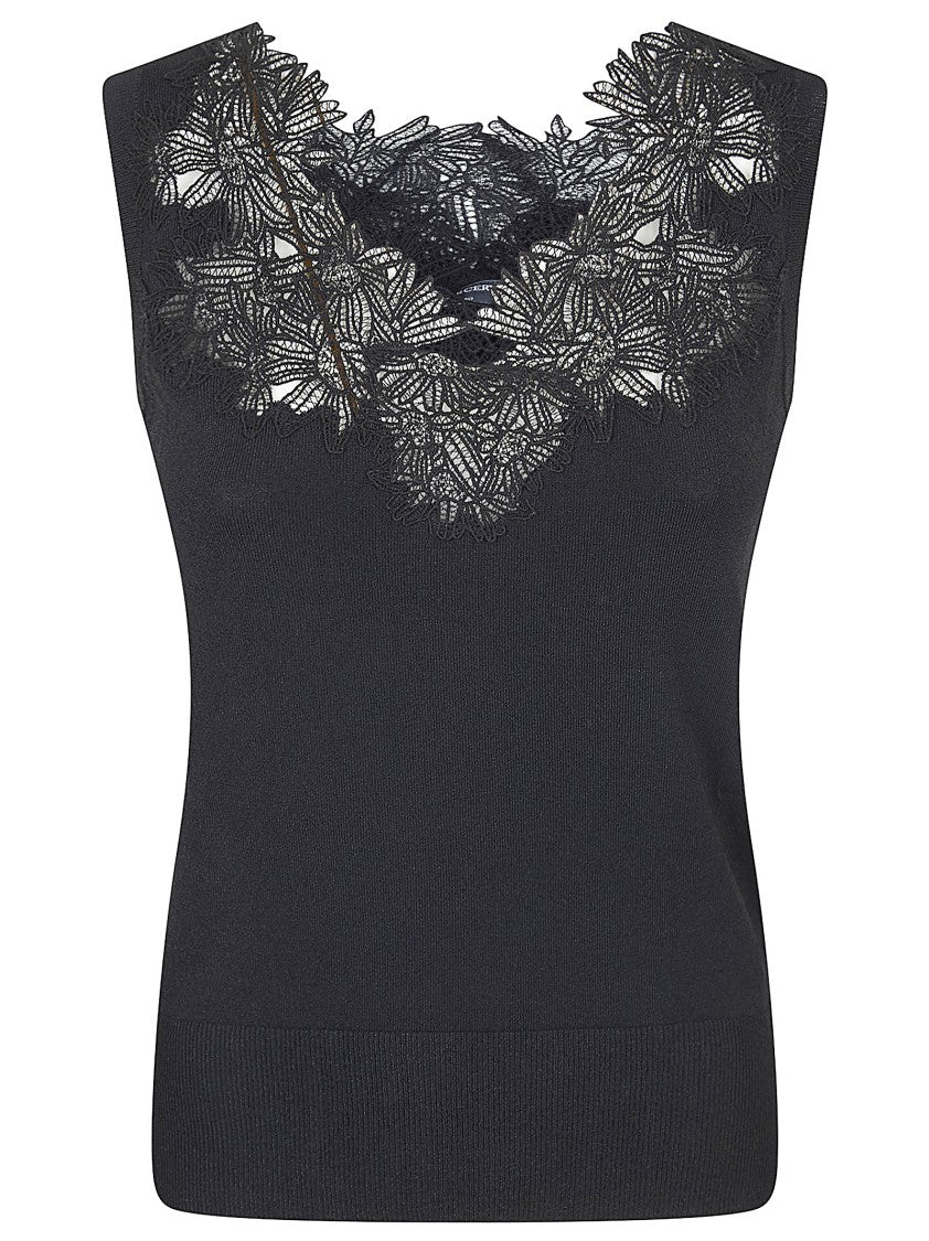 Ermanno Scervino Sleeveless V-Neck Knit Tank Top With Lace Embellishment