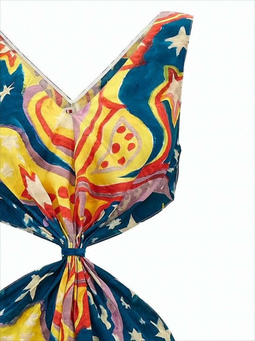 Marni Maxi Dress With Abstract Pattern And Twisted Knot Detail