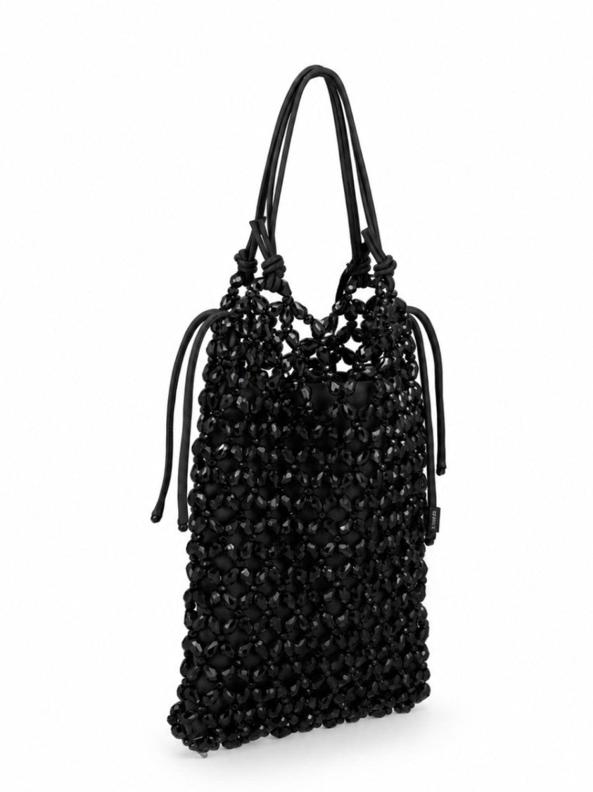 Staud Textured Black Crystal Bead Tote With Artisanal Accents