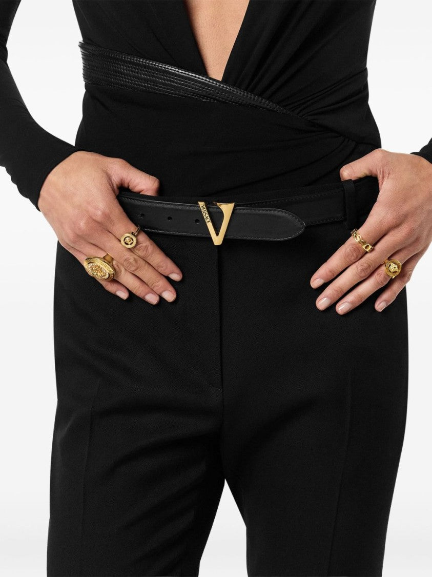 Versace Black V-Buckle Gold Hardware Leather Belt