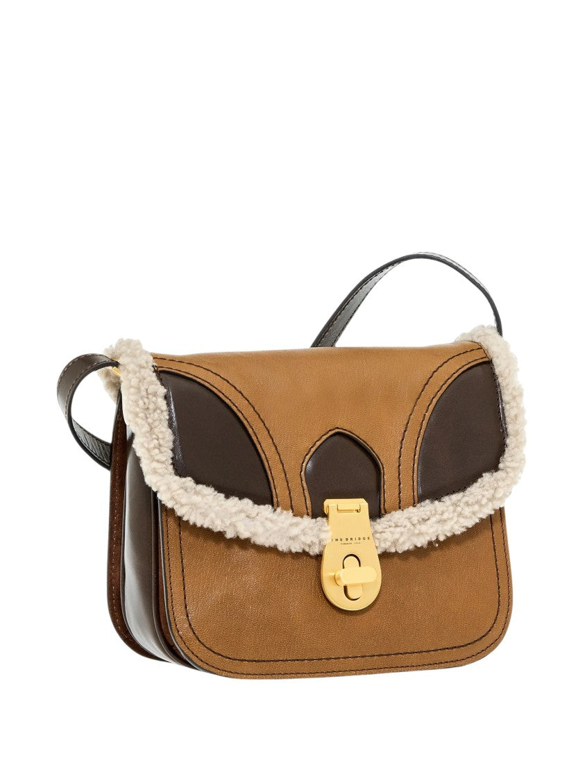 The Bridge Structured Shoulder Bag In Tan Brown Leather With Shearling Trim