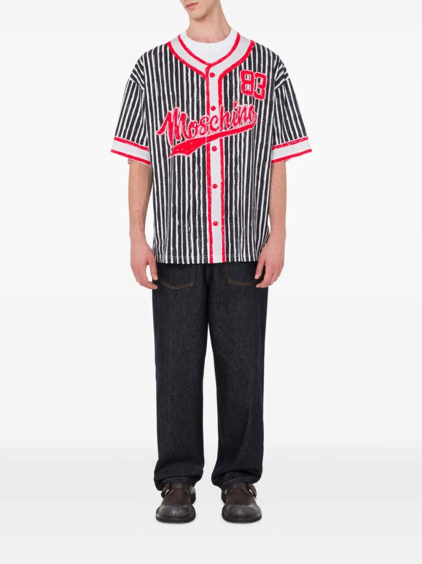 Moschino Vertical Stripe Shirt With Red Accents And Iconic Logo