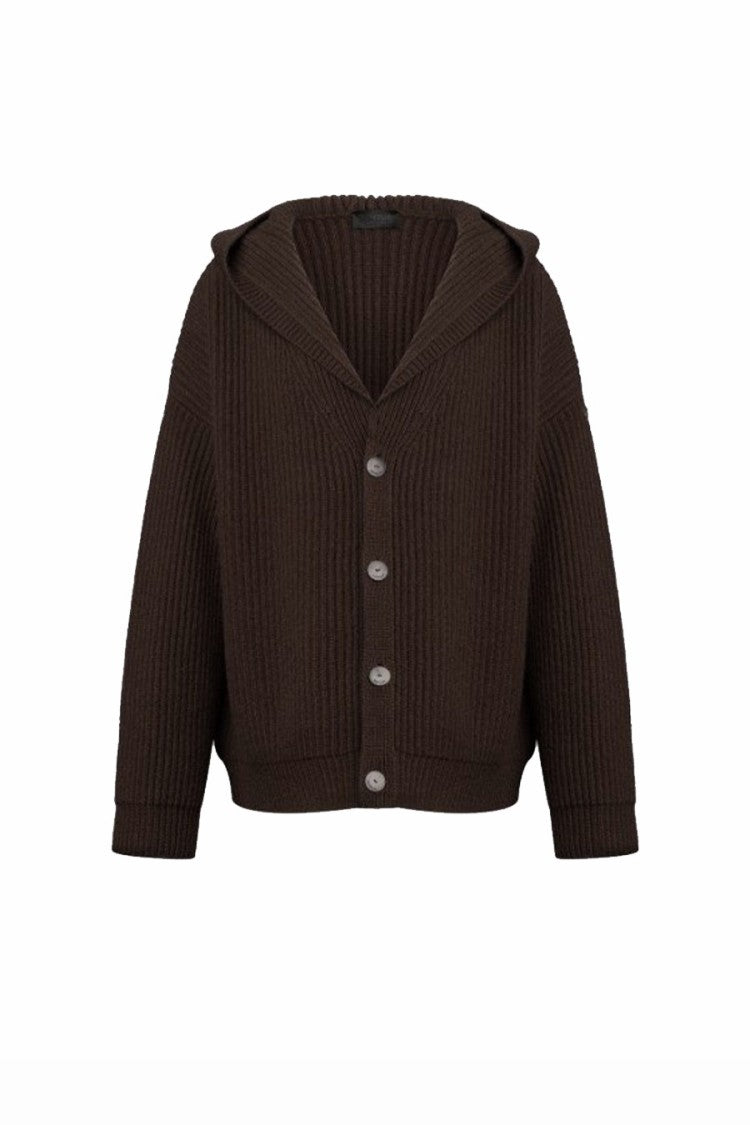 Dondup Dark Brown Chunky Ribbed Hooded Wool Cardigan