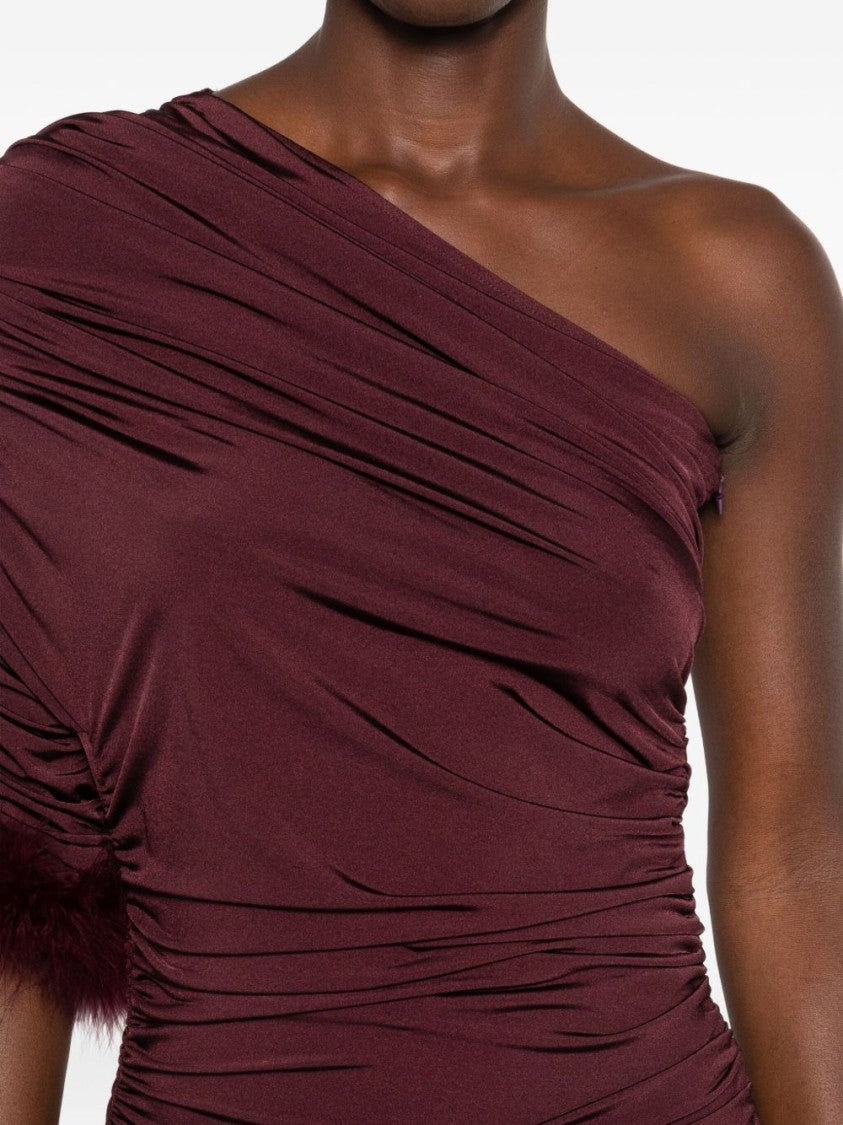 Mugler Burgundy One Shoulder Feather Trim Dress