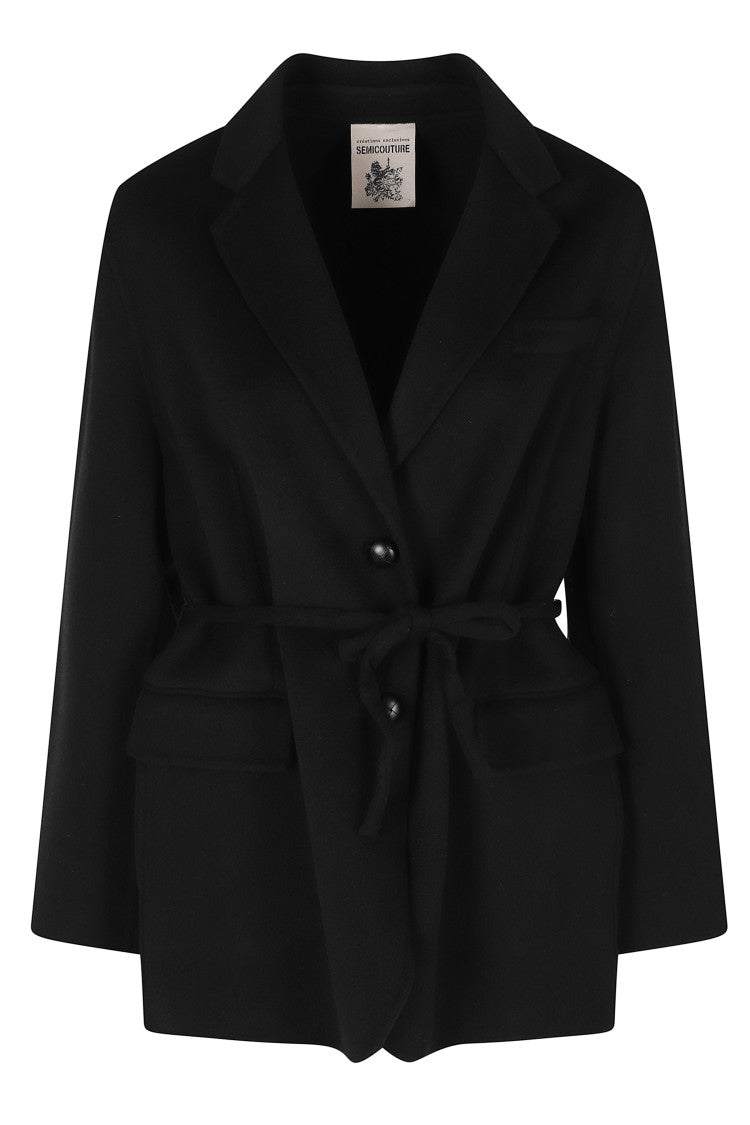 Semi Couture Black Corine Belted Tailored Virgin Wool Coat