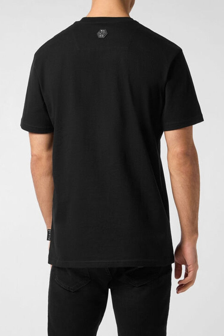Philipp Plein Black Striped Chest Band Hexagon Patch Cotton T-Shirt