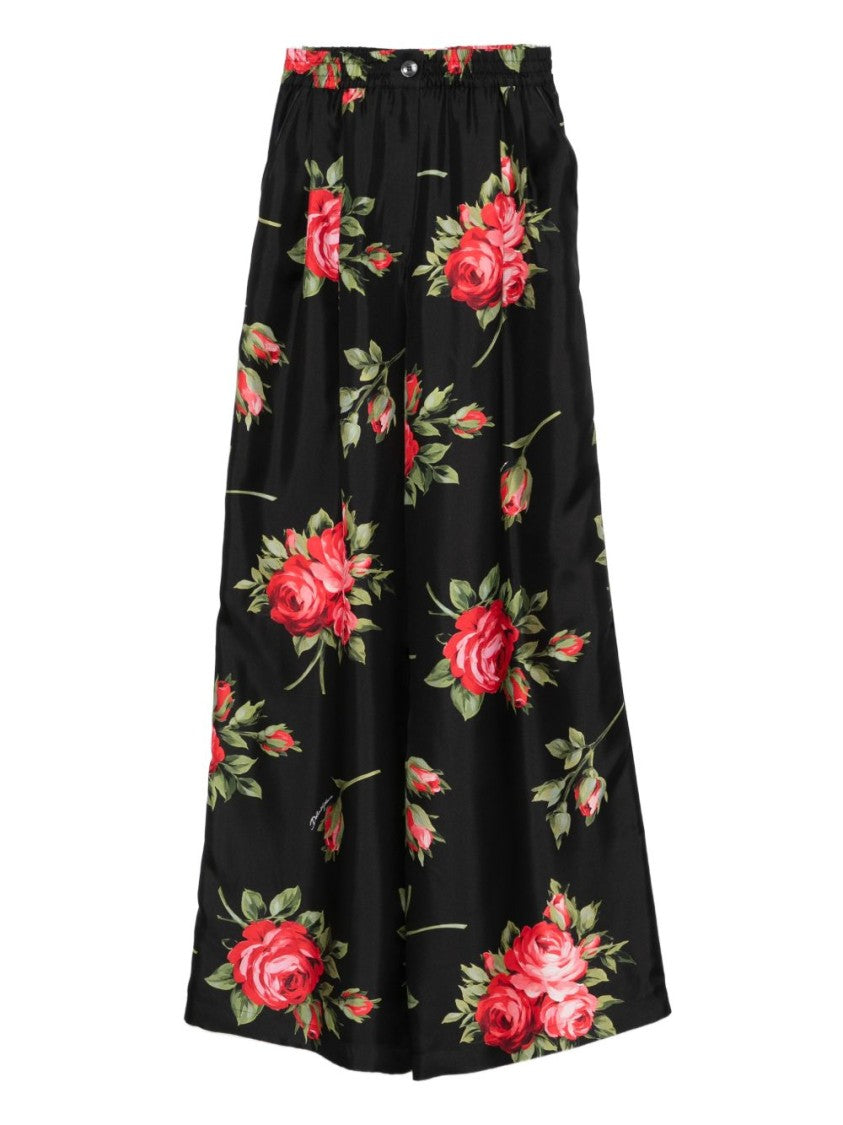 Dolce & Gabbana Floral Silk Wide-Leg Trousers With Elastic Waistband