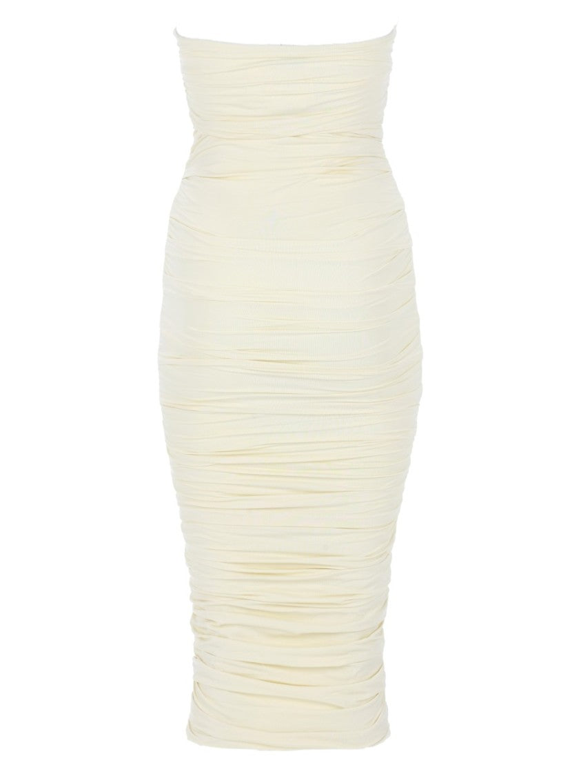 La Reveche Mireya Strapless Ruched Floral Midi Dress