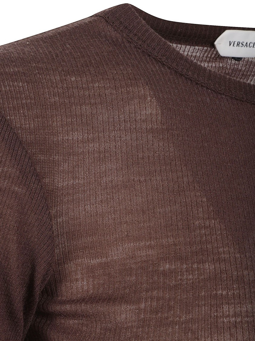Versace Fitted Semi-Sheer Brown Short-Sleeve Top With Ribbed Texture