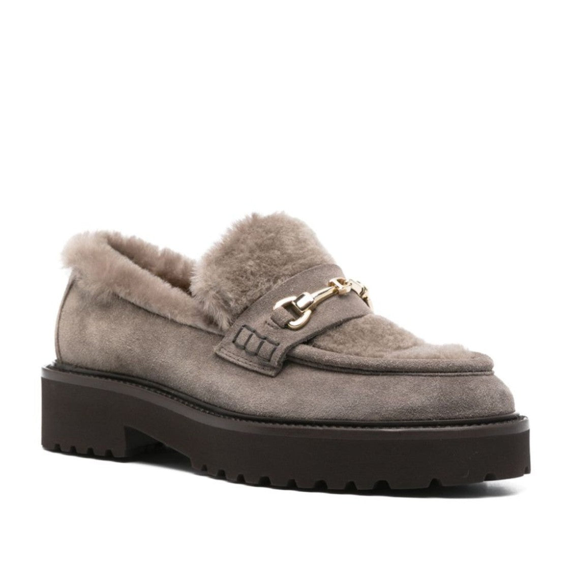 Doucal's Grey Plush Sheepskin Lining Flat Leather Loafers