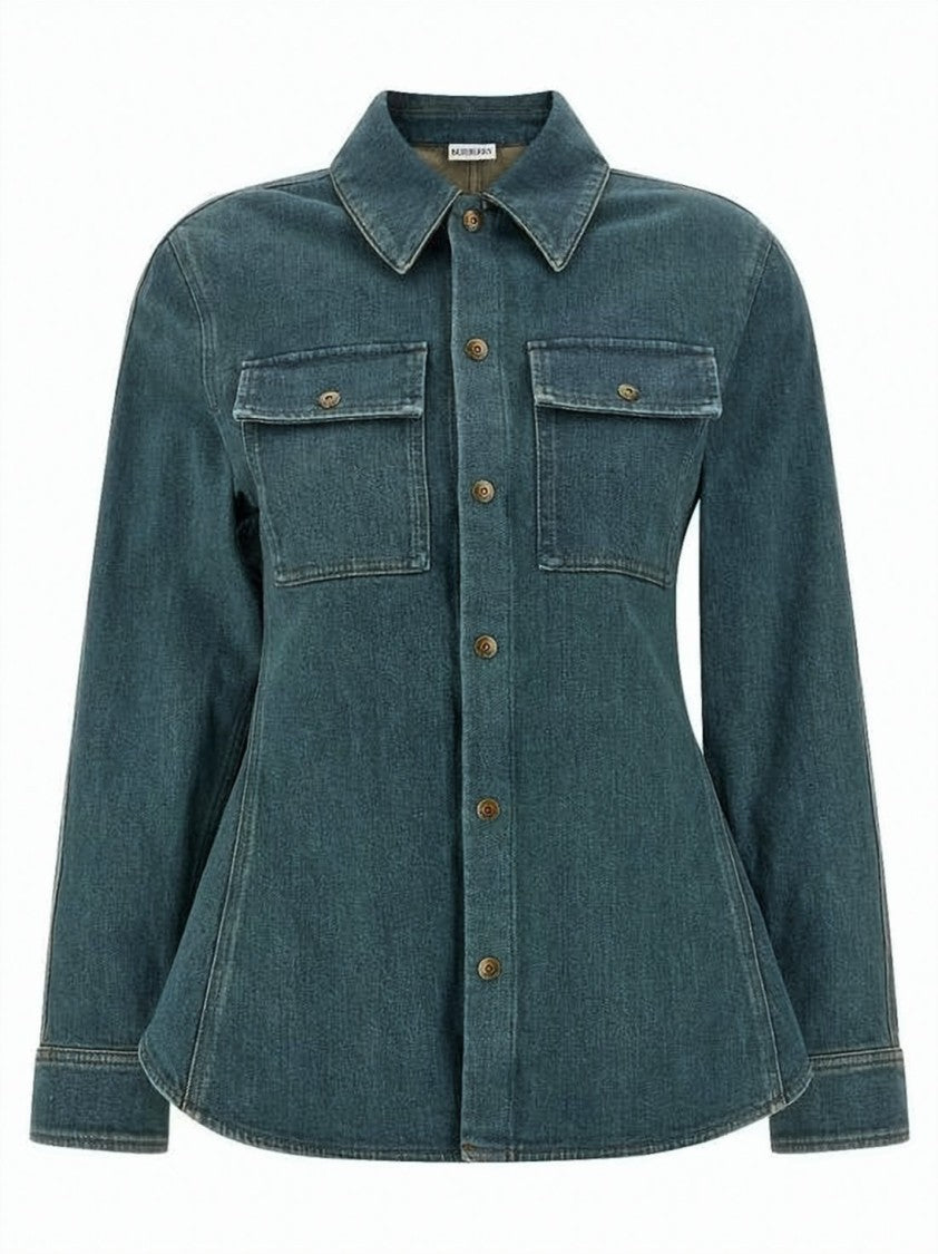 Burberry Structured Blue Denim Shirt With Flared Hem