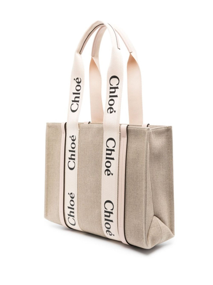 Chloé Beige Woody Medium Textured Linen Tote Bag