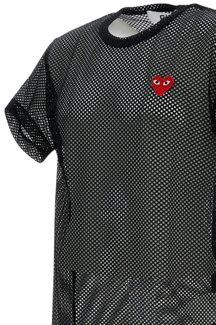 Comme Des Garçons Mesh Fabric T-Shirt With Iconic Red Heart Emblem