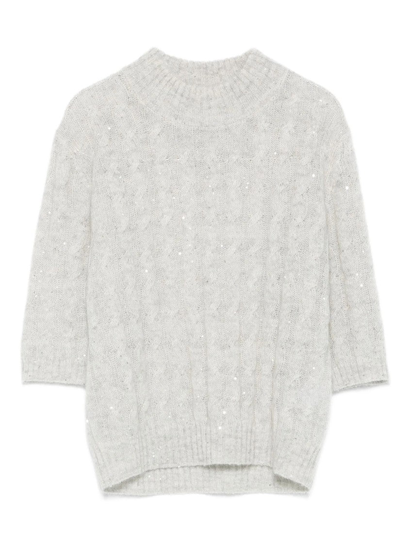 Brunello Cucinelli Light Grey Cable-Knit Sweater With High Neckline And Three-Quarter Sleeves