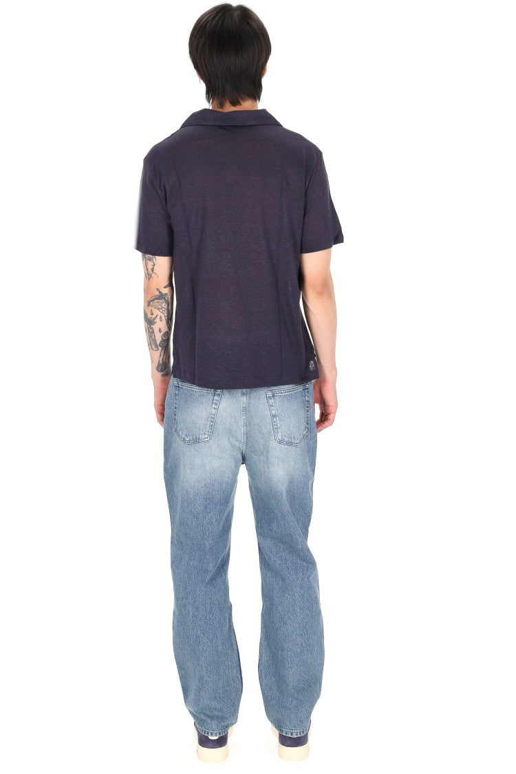 Officine Generale Simon Garment-Dyed Linen Open Collar Polo Shirt