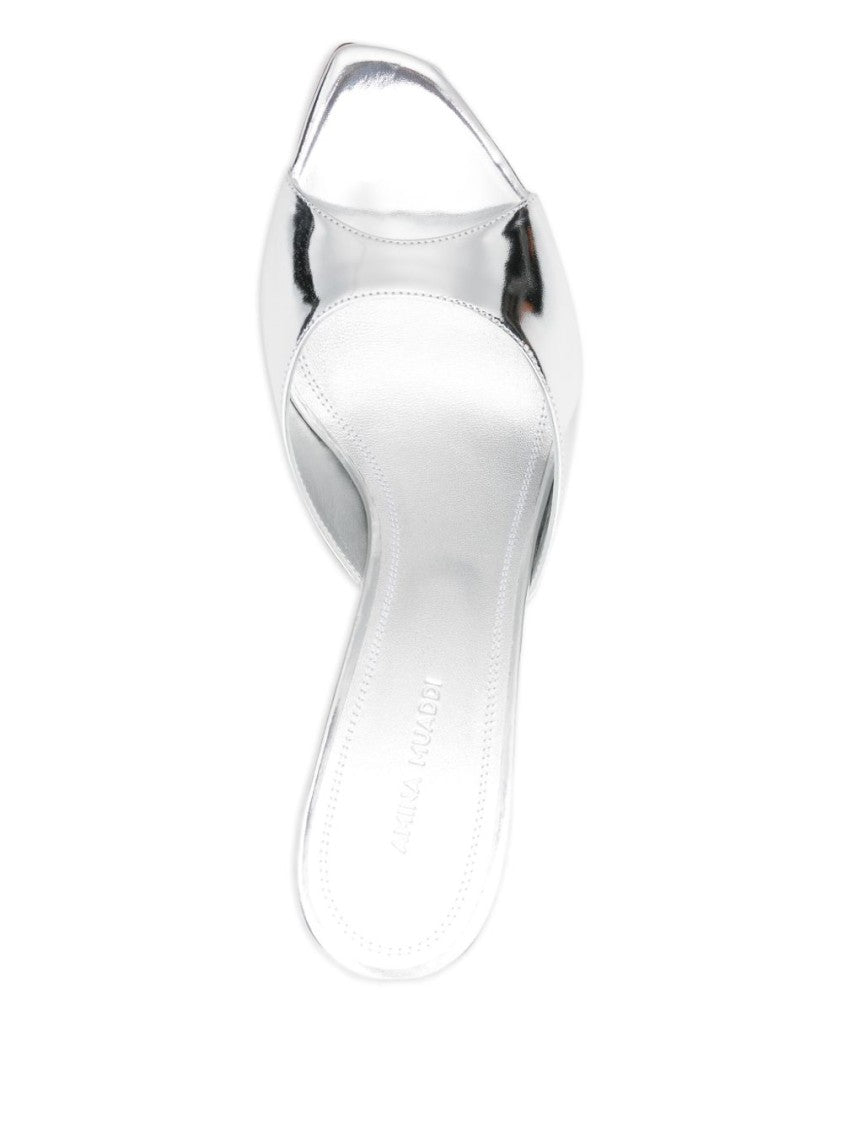 Amina Muaddi Mirror-Finish Silver Calf Leather Sandals